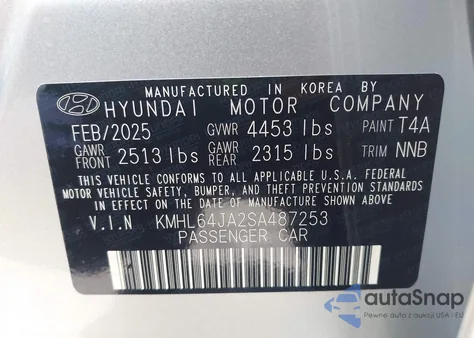 2025 Hyundai Sonata Sel from USA, damaged, VIN KMHL64JA2SA487253